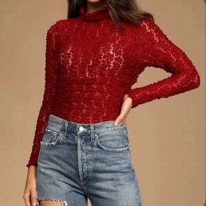 Sz L Free People NWOT $68 MSRP Day and Night Sheer Lace Long Sleeve Bodysuit Red